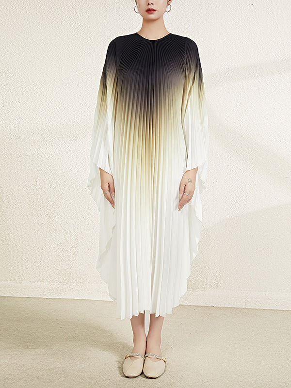Gradient Pleated Batwing Sleeves Loose Round-Neck Midi Dresses