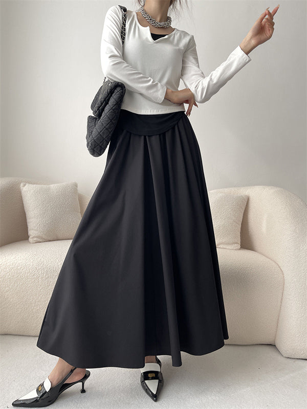 Pleated Solid Color Split-Joint A-Line High Waisted Skirts Bottoms