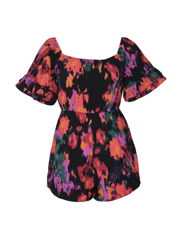 Drawstring Elasticity Pockets Printed Split-Joint Flared Sleeves Half Sleeves Off-The-Shoulder Rompers