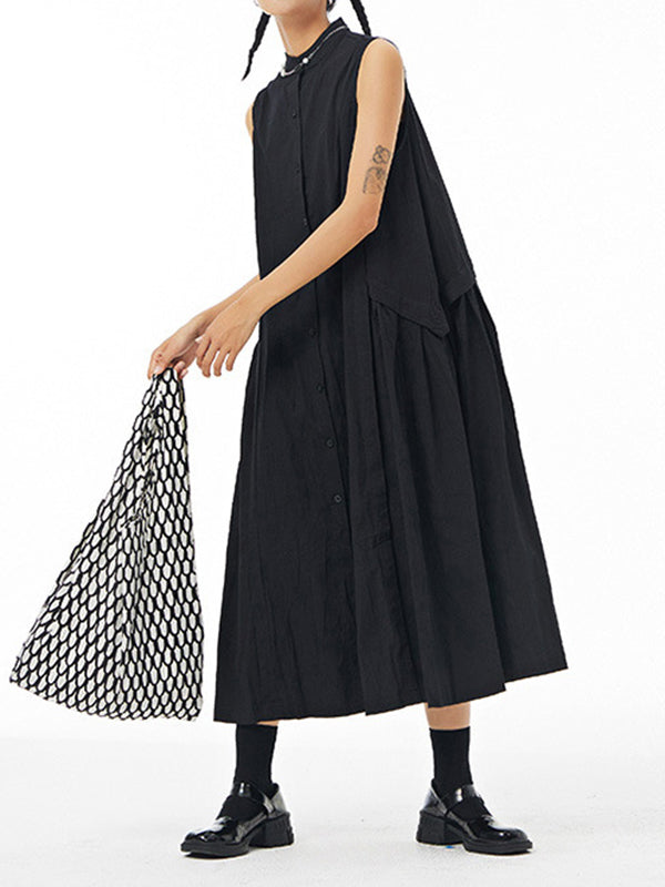 Pleated Solid Color Loose Sleeveless Stand Collar Shirt Dress Midi Dresses