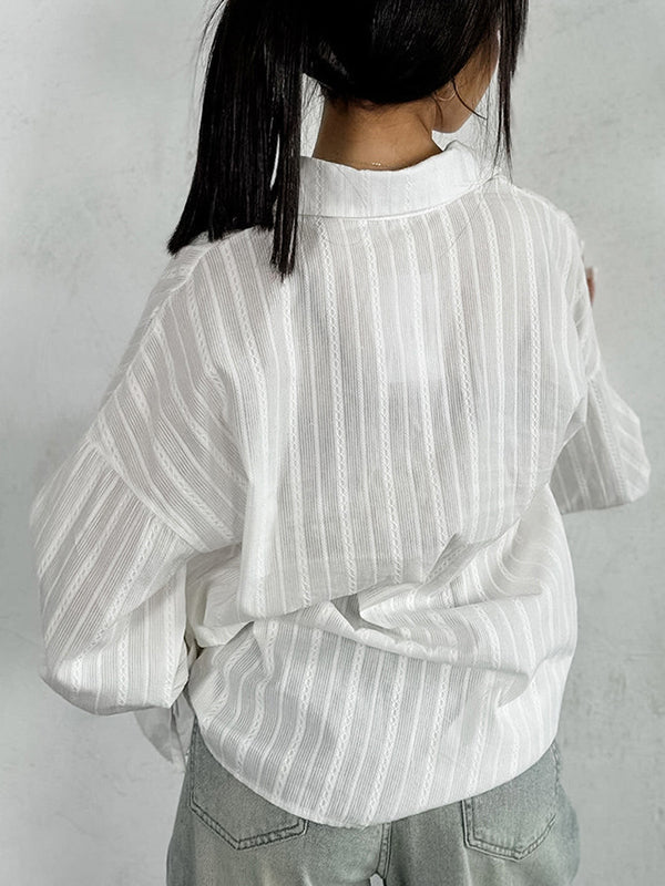 Drawstring See-Through Solid Color Split-Joint Loose Puff Sleeves Lapel Blouses&Shirts Tops