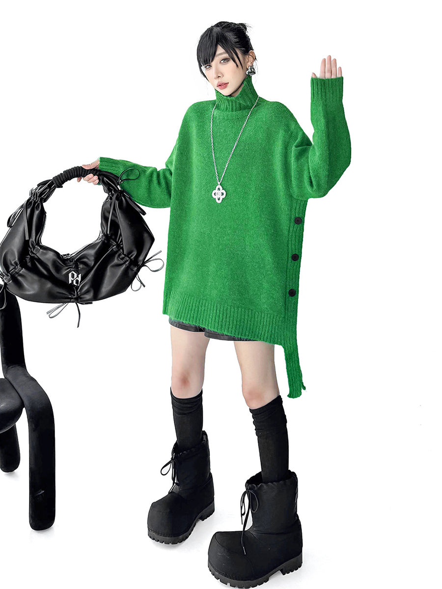 Buttoned Ribs Solid Color Split-Joint Irregularity Long Sleeves High Neck Sweater Tops