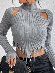 Fringed Hollow Solid Color Split-Joint Long Sleeves Skinny High Neck Sweater Tops