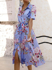 Buttoned Flower Print Tied Waist A-Line Loose Lapel Midi Dresses