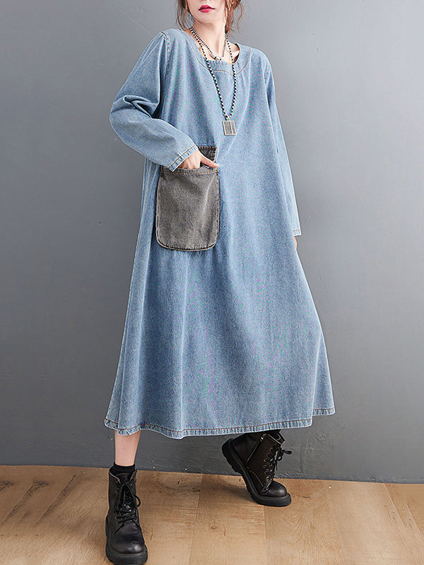 Artistic Retro Loose Denim Applique Round-Neck Long Sleeves Midi Dress