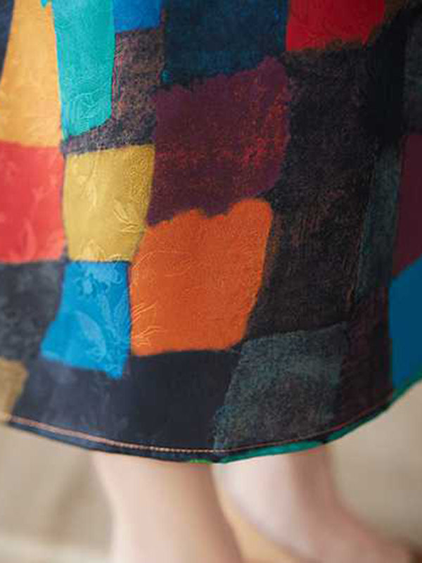 Contrast Color Multi-Colored Plaid Loose Sleeveless Round-Neck Midi Dresses