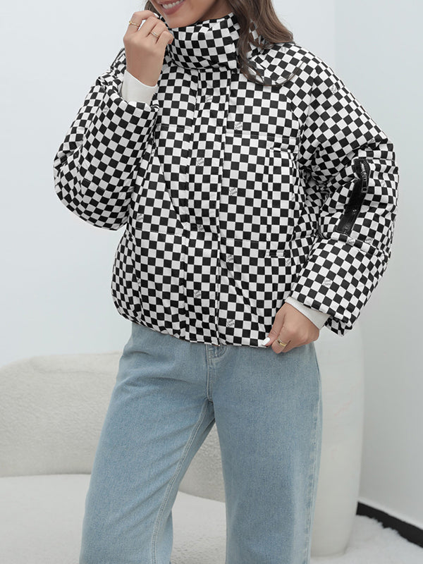 Keep Warm Plaid Quilted Zipper Long Sleeves Loose Stand Collar Padded Coat