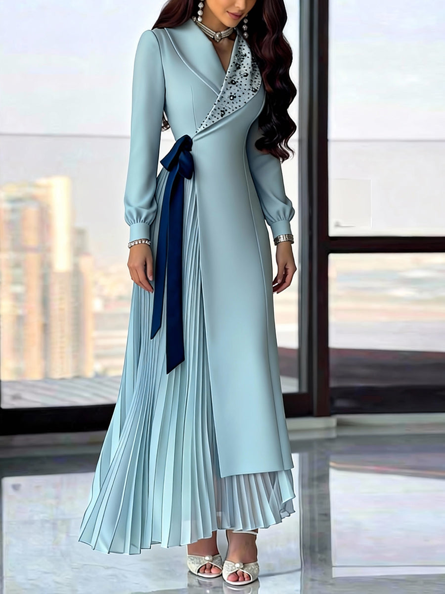 Asymmetric Contrast Color Pleated Rhinestone Shiny Split-Joint Streamer Elasticated Waist High Waisted Lapel Maxi Dresses