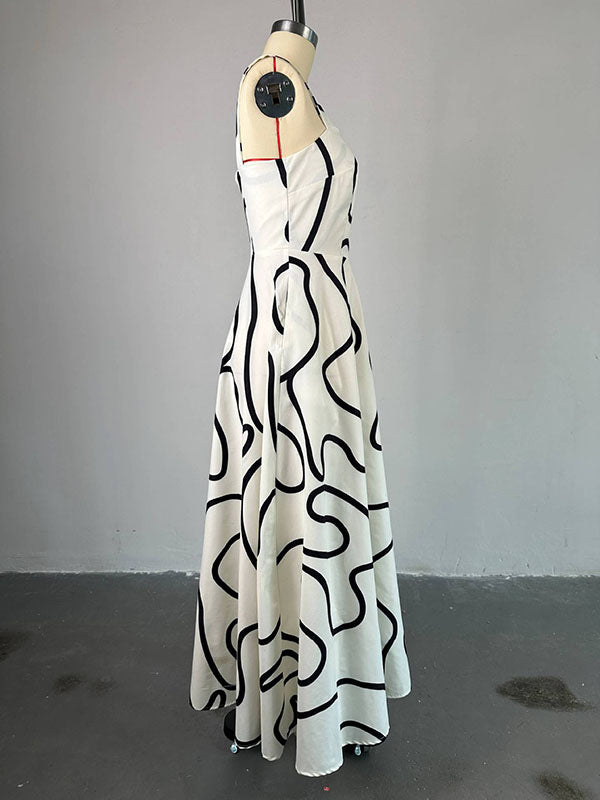 Pockets Printed Split-Joint A-Line High Waisted Spaghetti-Neck Maxi Dresses