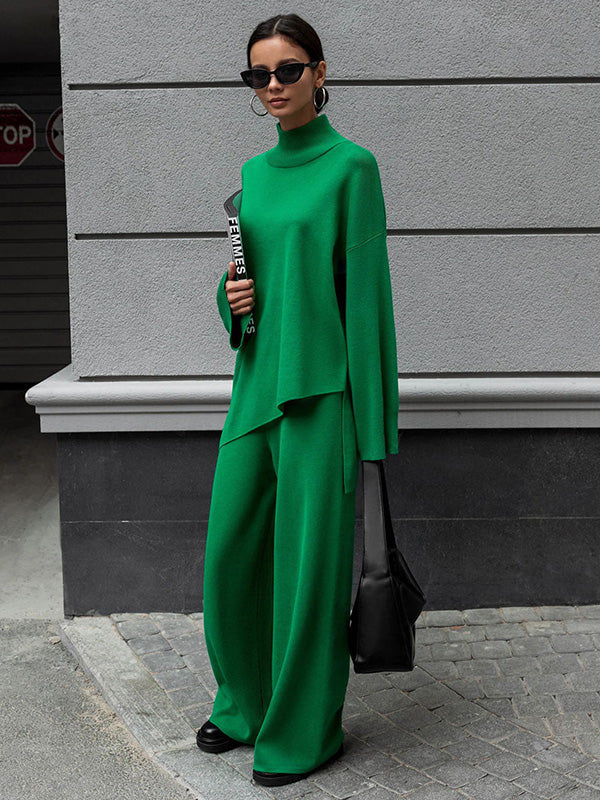 Casual Solid Color Irregularity High-Neck Sweater& Wide Leg Pants Suits