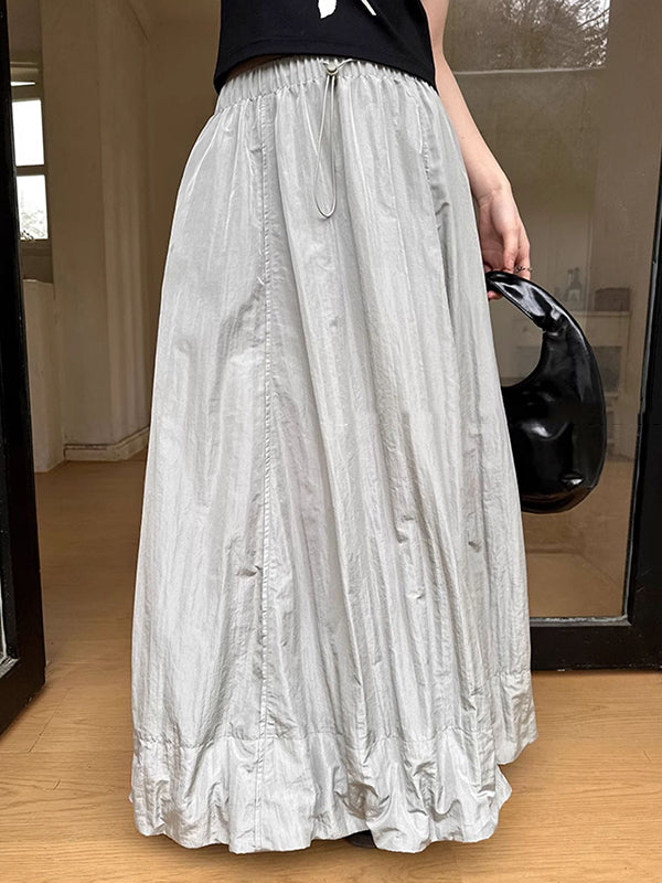 Drawstring Elasticity Solid Color Split-Joint A-line High Waisted Skirts