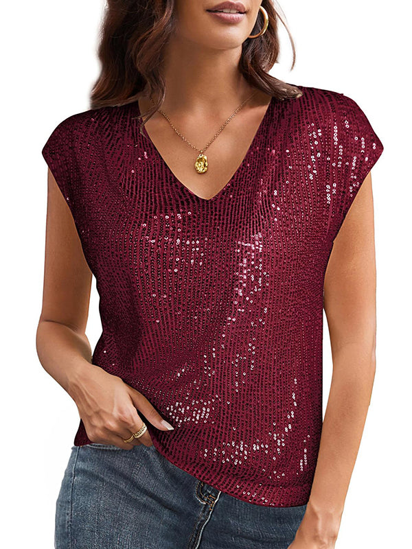 Sequined Shiny Batwing Sleeves Loose V-Neck T-Shirts Tops