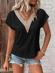 Hollow Jacquard Split-Joint Loose Raglan Sleeve V-Neck T-Shirts Tops