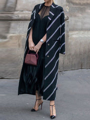 Buttoned Pockets Striped Long Sleeves Loose Notched Collar Trench Coats Outerwear