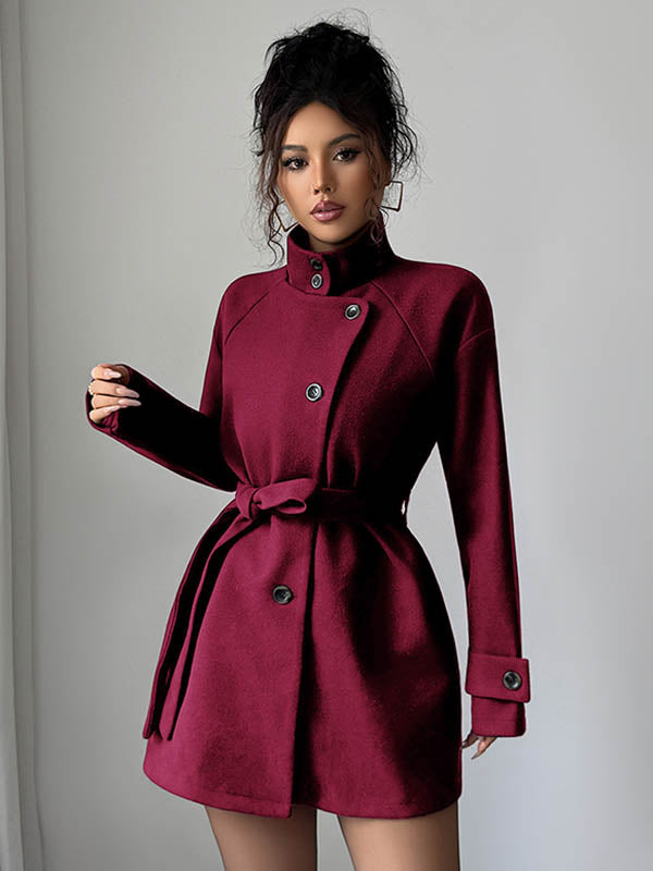 Elasticated Waist High Waisted Asymmetric Buttoned Solid Color Tied Waist Stand Collar Outerwear