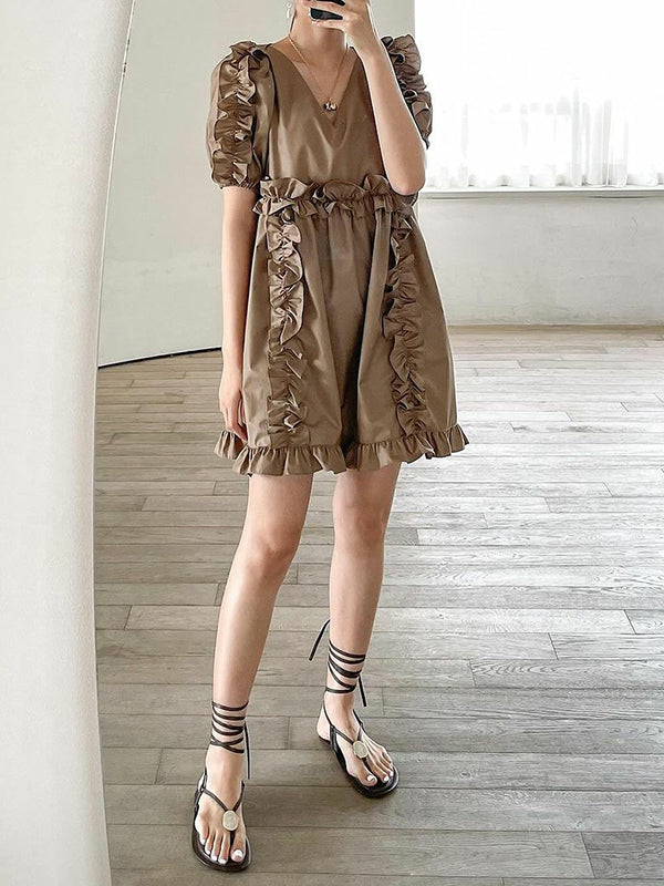 Ruffle Trim Split-Joint A-Line Loose V-Neck Mini Dresses
