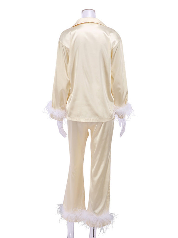 Notched Collar Long Sleeves Buttoned Feathers Split-Joint Shirts Top + Pants Bottom Pajama Sets