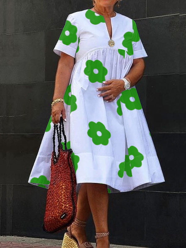 Flower Print Pleated Split-Joint A-Line Loose Round-Neck Midi Dresses