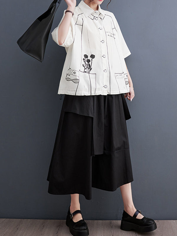 Contrast Color Printed Split-Joint Loose Short Sleeves Lapel Blouses