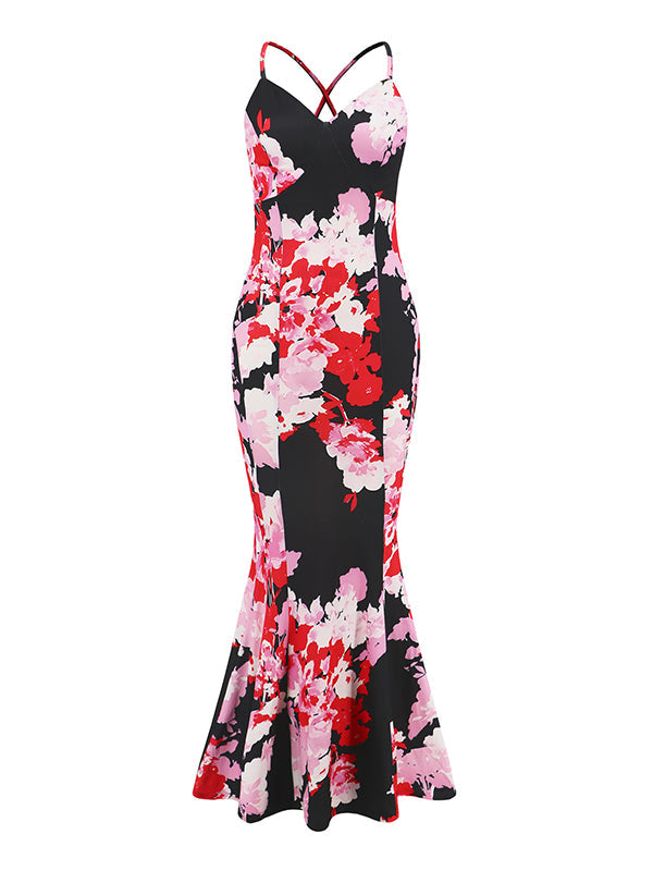 Flower Print Split-Joint Bodycon Mermaid Spaghetti-Neck Maxi Dresses