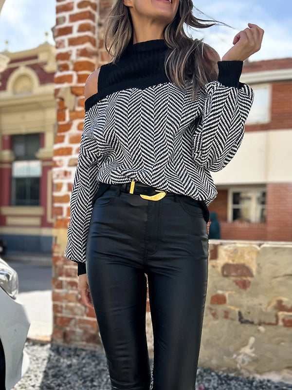 Contrast Color Split-Joint Loose Puff Sleeves Cold Shoulder Sweater Tops