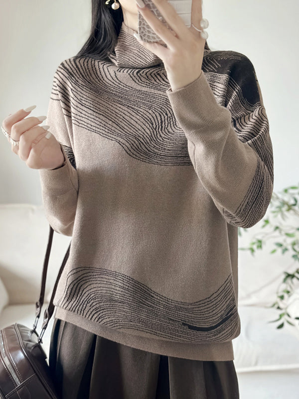 Contrast Color Long Sleeves Loose High Neck Sweater Tops Pullovers