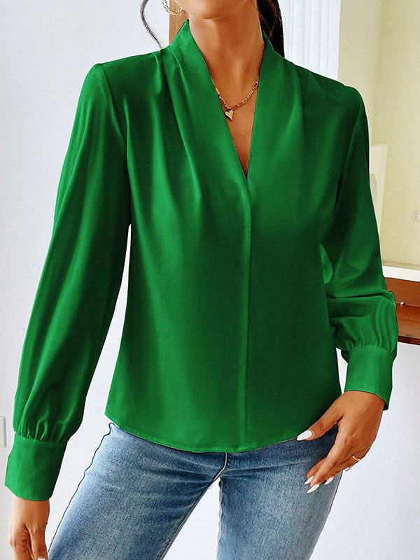 Pleated Solid Color Split-Joint Long Sleeves Loose V-Neck Blouses&Shirts Tops