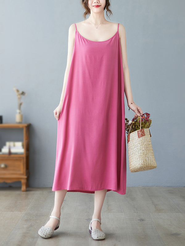 Solid Color Loose Sleeveless Spaghetti-Neck Midi Dresses