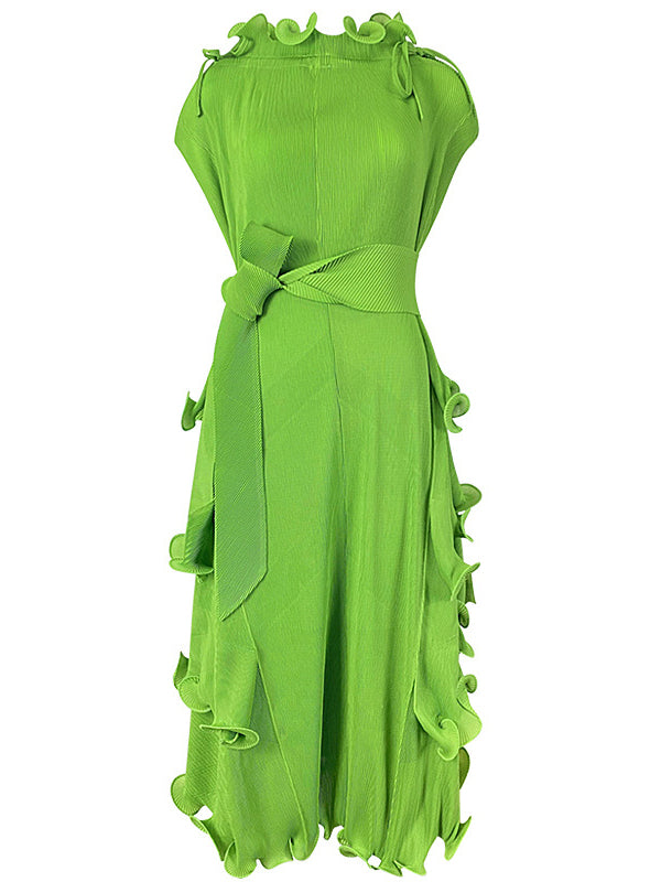 Bandage Lacy Solid Color Loose High-neck Midi Dresses