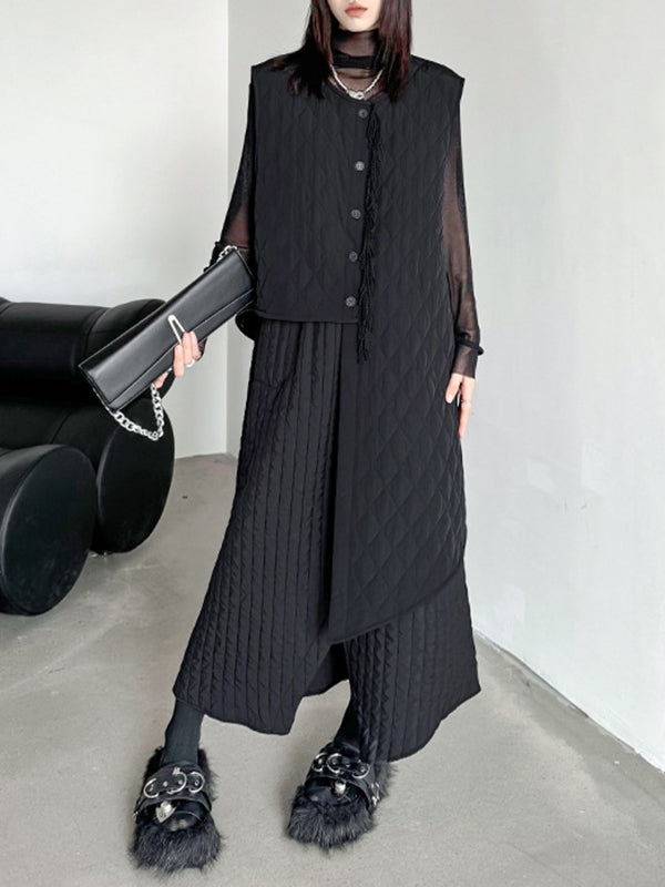 Asymmetric Buttoned Quilted Solid Color Tasseled Loose Sleeveless U-neck Padded Vest
