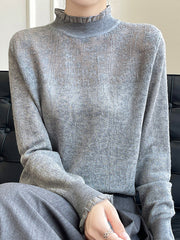 Crochet Solid Color Long Sleeves Loose Mock Neck T-Shirts Tops