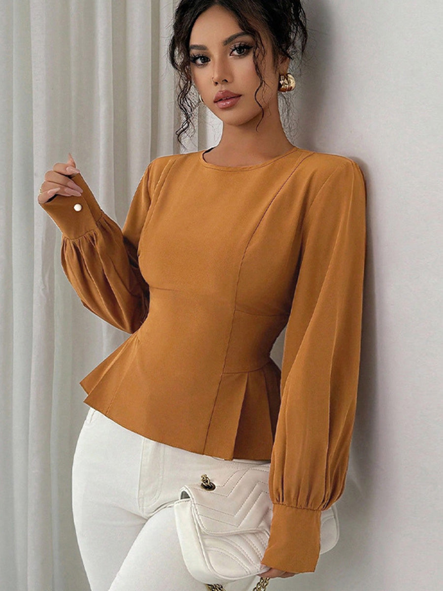 Asymmetric Pleated Ruffled Solid Color Elasticated Waist High Waisted Round-Neck Blouses&Shirts Tops