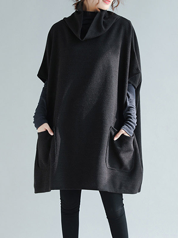 Artistic Retro Batwing Sleeves Half Sleeves Solid Color Heaps Collar Pullovers
