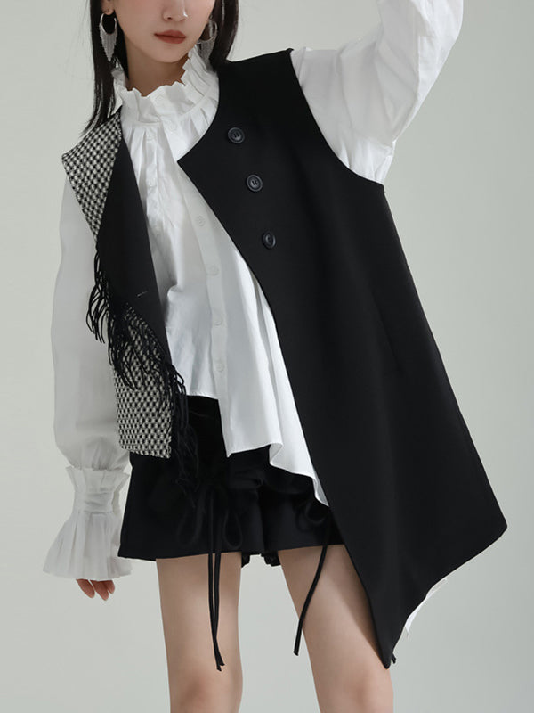 Asymmetric Buttoned Houndstooth Ruffle Sleeves Sleeveless Vest Outerwear