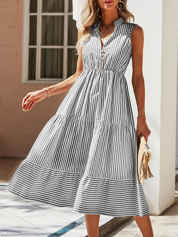 Buttoned Split-Joint Striped A-Line High Waisted V-Neck Midi Dresses