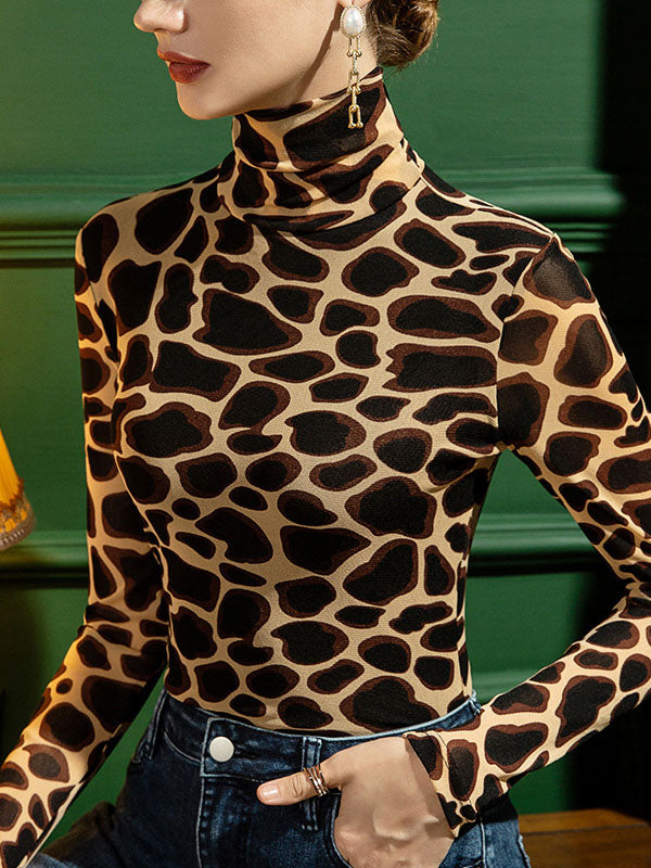 Leopard Long Sleeves Skinny High-neck T-Shirts Tops