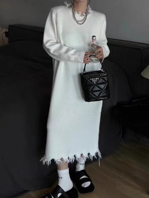 Fringed Solid Color High Waisted Long Sleeves Round-Neck Sweater Dresses Midi Dresses
