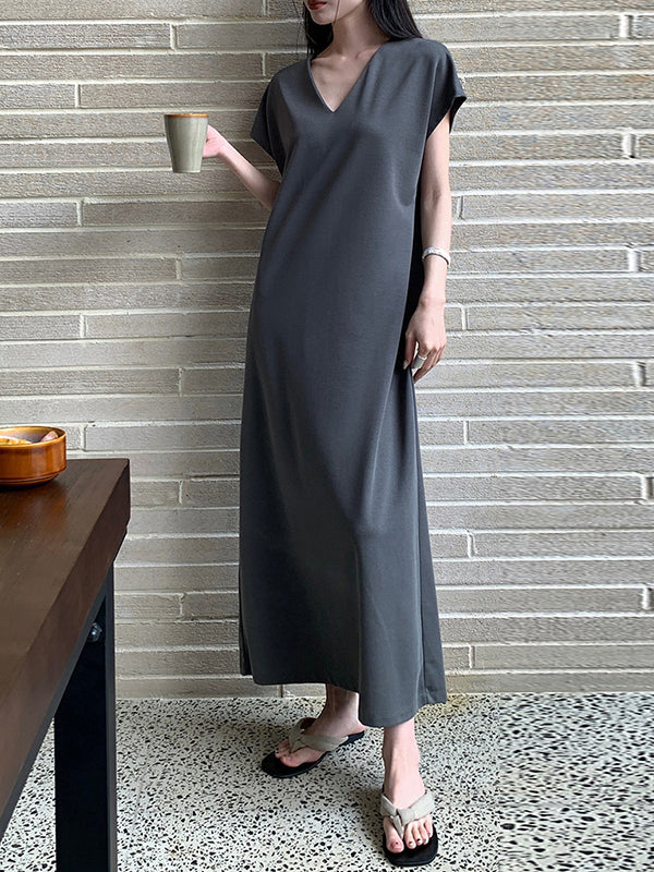 Solid Color Batwing Sleeves Loose V-neck Midi Dresses