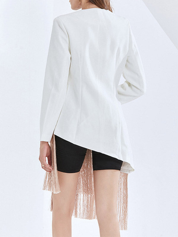 Asymmetric Embroidered Split-Joint Tasseled Tied Long Sleeves Loose V-Neck Outerwear Blazer