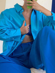 Solid Color Long Sleeves Loose Lapel Blouses