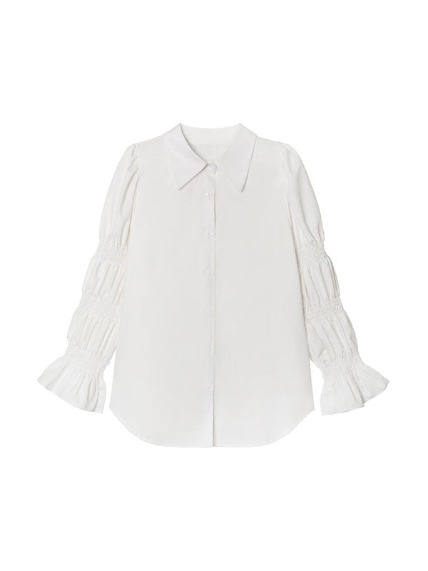 Pleated Solid Color Split-Joint Puff Sleeves Lapel Blouses