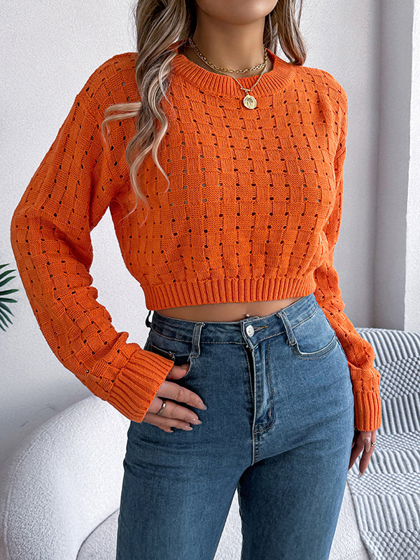 Backless Buttoned Hollow Solid Color Split-Joint Long Sleeves Loose Round-Neck Sweater Tops Pullovers