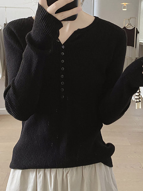 Buttoned Solid Color Long Sleeves Round-Neck Sweater Tops Pullovers