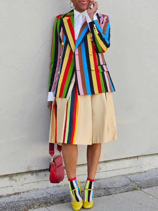 Buttoned Colorful Contrast Color Striped Long Sleeves Notched Collar Outerwear Blazer