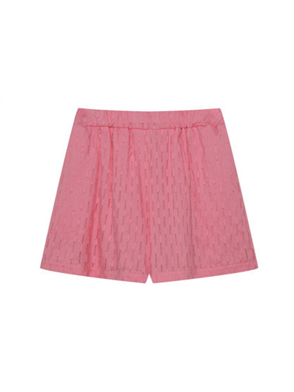 Buttoned Jacquard High-Low Long Sleeves Solid Color Lapel Shirts Top +Shorts Bottom Two Pieces Set
