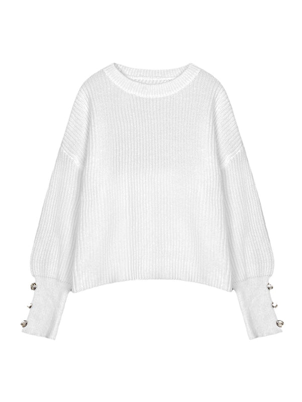 Buttoned Solid Color Split-Joint Long Sleeves Loose Round-Neck Sweater Tops Pullovers