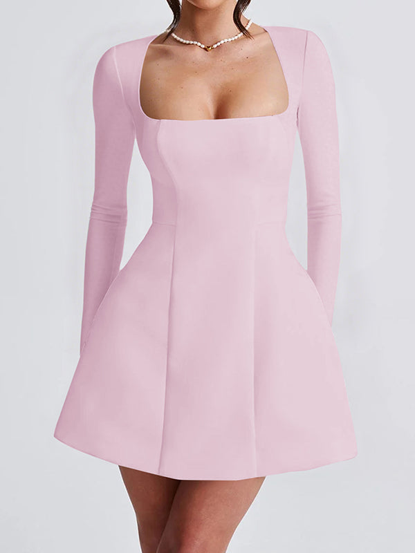 Solid Color Zipper A-Line Bodycon Square-Neck Mini Dresses