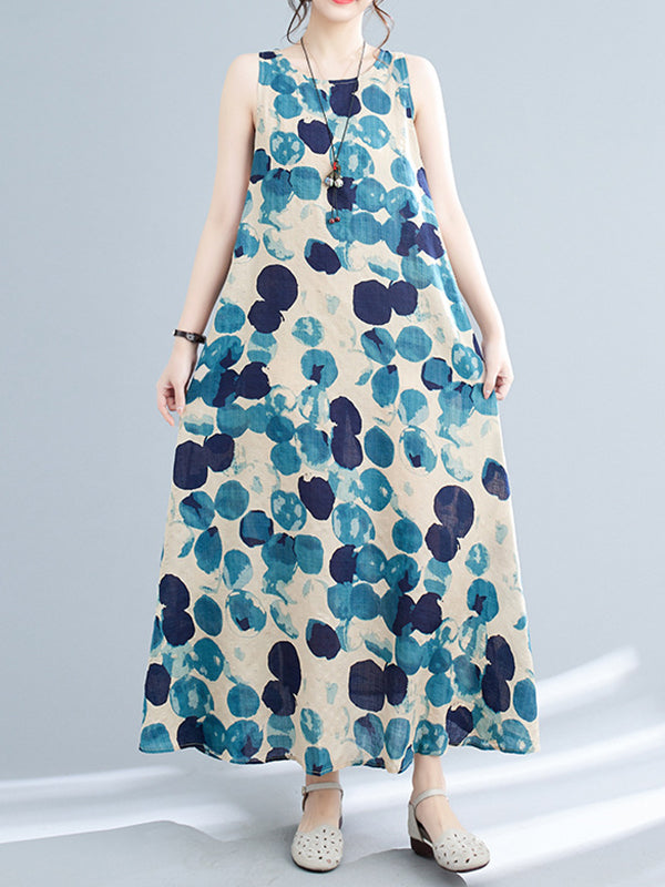 Polka-Dot Loose Sleeveless Round-Neck Maxi Dresses