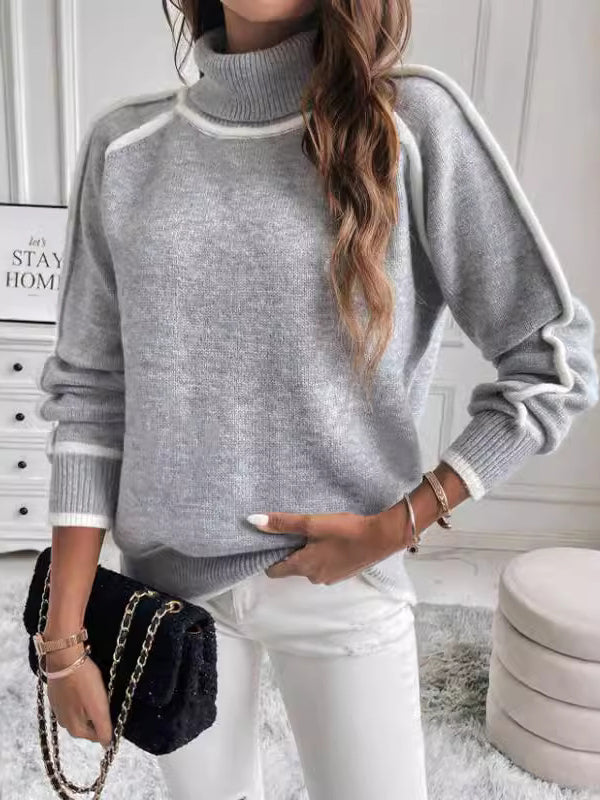 Contrast Color Split-Joint Long Sleeves Loose High Neck Sweater Tops