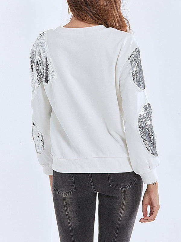 Asymmetric Sequined Long Sleeves Loose Round-Neck Sweatshirt Tops